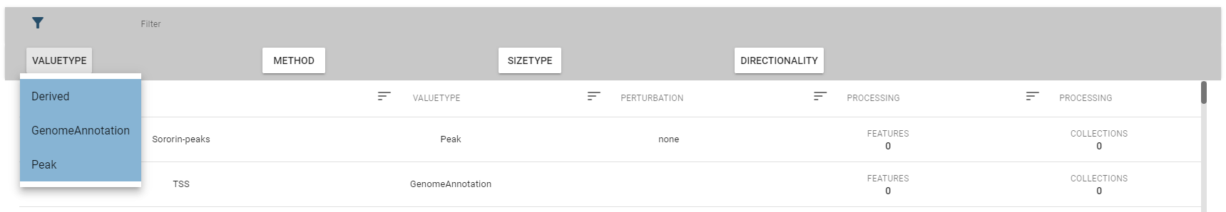 filter options dataset table